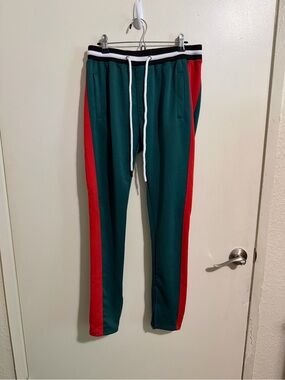 Men's Green Jogger Sweatpants with Red Side Stripes